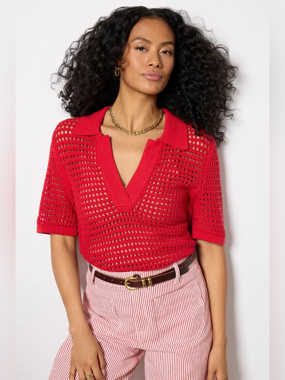 Evereve Red Teagan Pullover Crochet Knit Sweater Short Sleeve Small Cotton